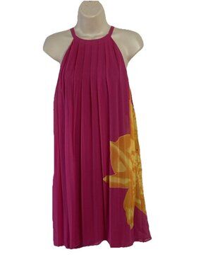 VTG Express pleated 100% Silk floral swing dress Pink Y2K babydoll sz L halter